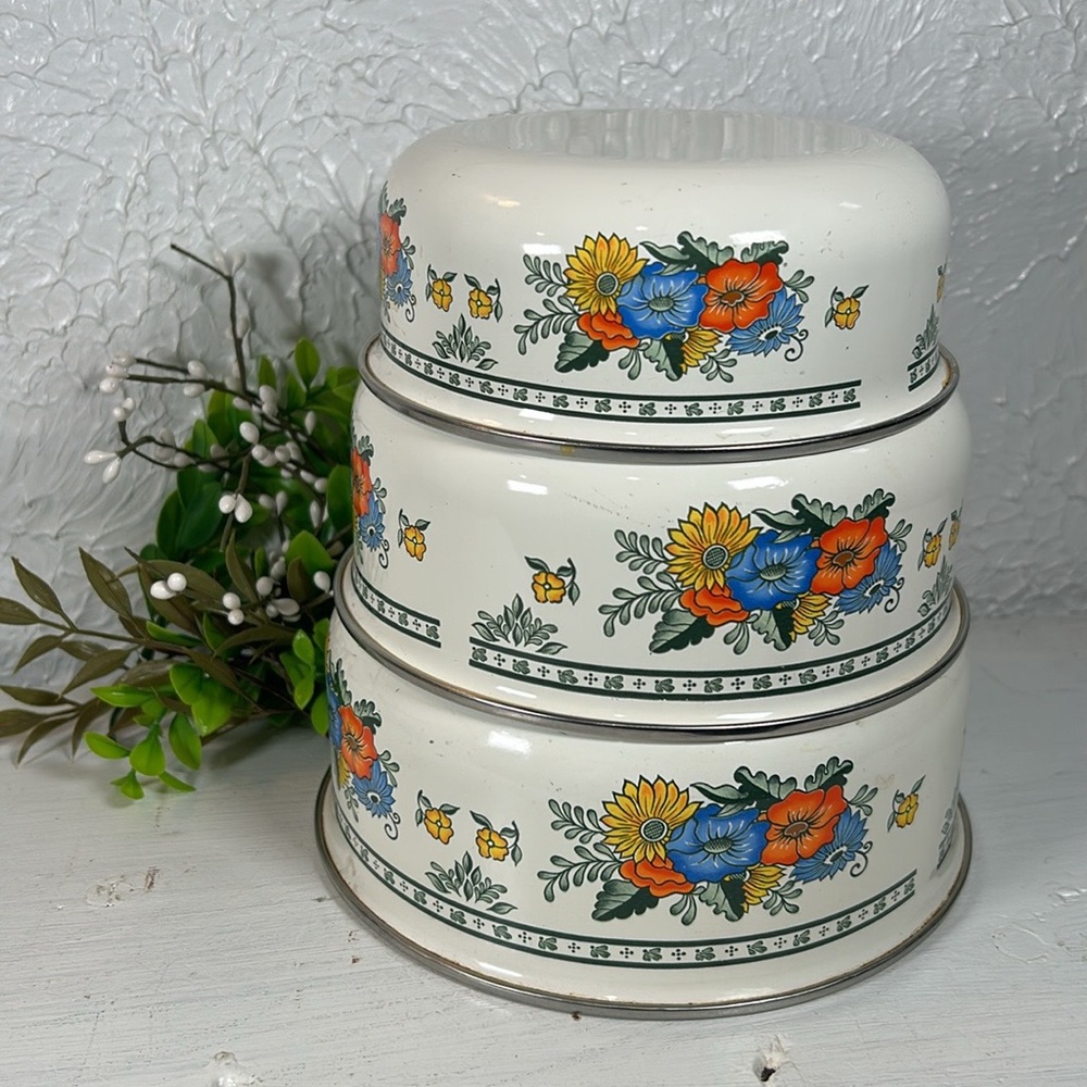 VTG Enamelware Old Amsterdam Floral & Leaf Mixing Nesting Stackable 3 Bowls - Picture 2 of 15